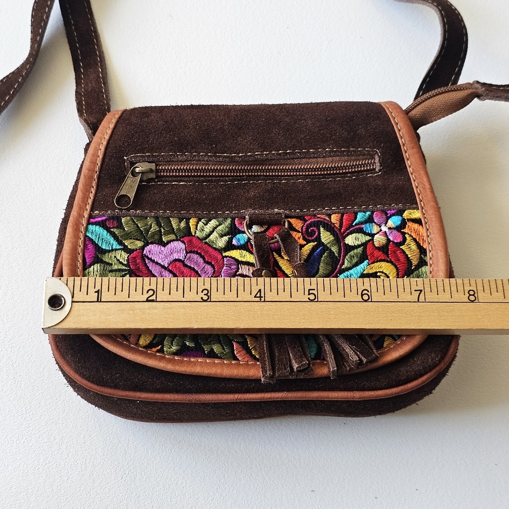 Boho Suede Embroidered Crossbody Purse | Floral Tassel Small Bag - Picture 7 of 11